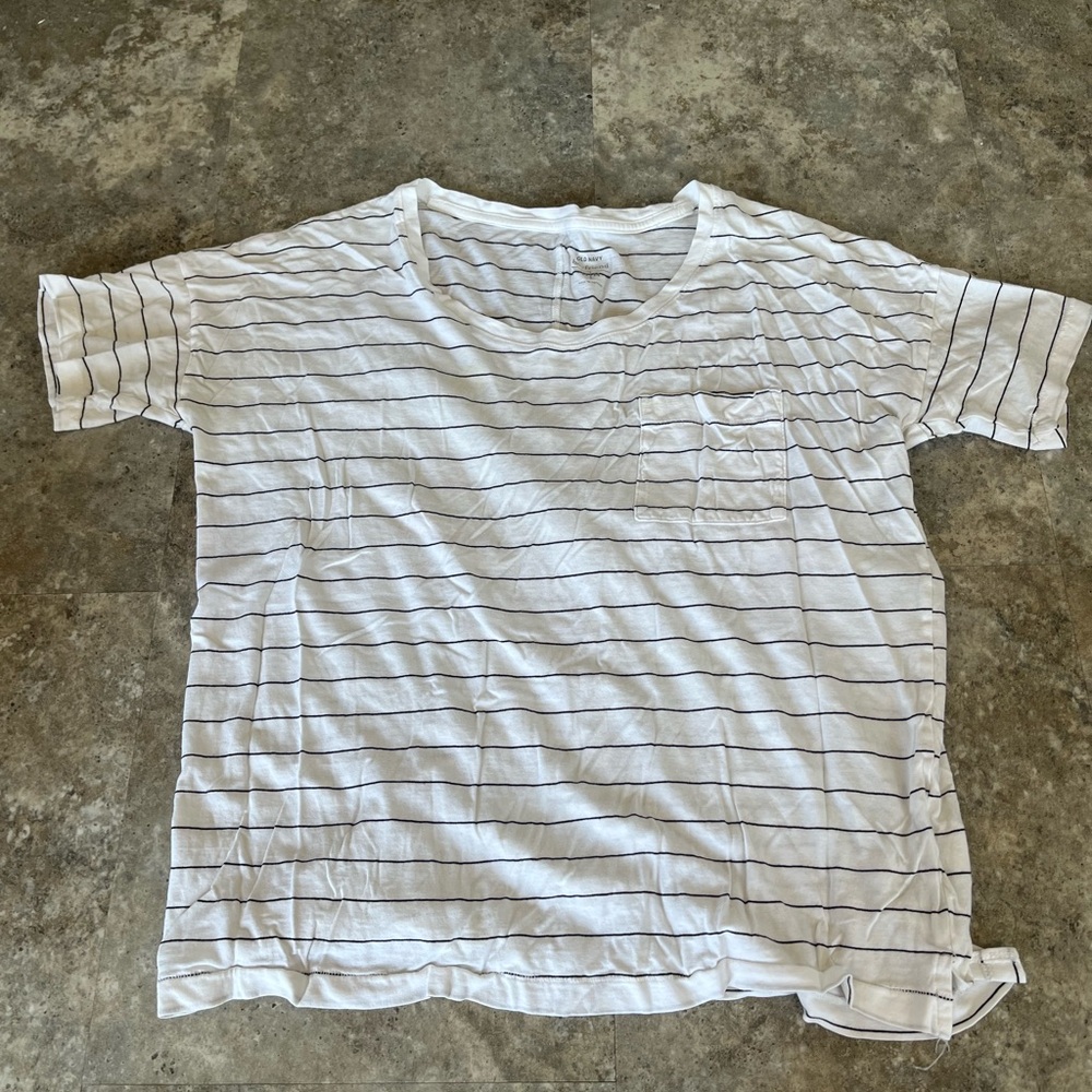 Old Navy White/Black Striped Boyfriend Pocket Tee